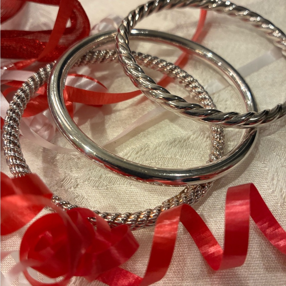 Three Sterling Silver Stacking High Polished Bangle Bracelets. Size 6  Wrist